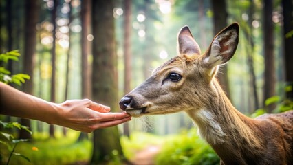 A gentle deer nuzzles a person's outstretched hand, conveying a sense of tender trust and peaceful connection with nature in a serene forest setting.