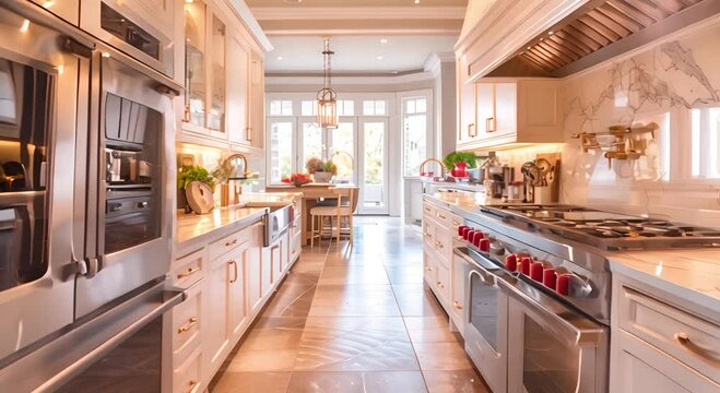 Modern White Kitchen with Stainless Steel Appliances and Tile Floor