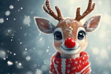 Cute reindeer with a red nose and big eyes wearing a festive scarf