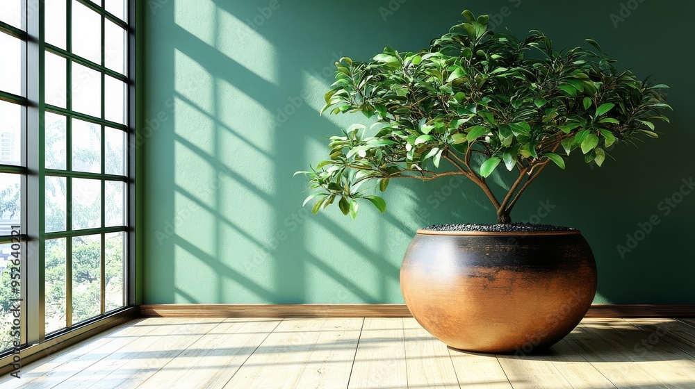 Poster sunlight streams through a large window creating beautiful patterns on the wooden floor a vibrant po