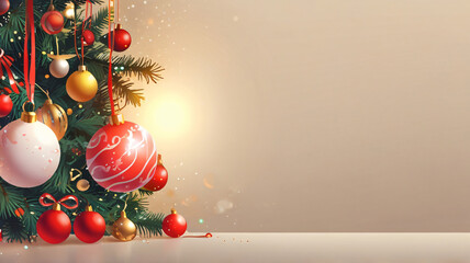 Christmas background design with decorated light bulbs, Christmas tree and empty space for text