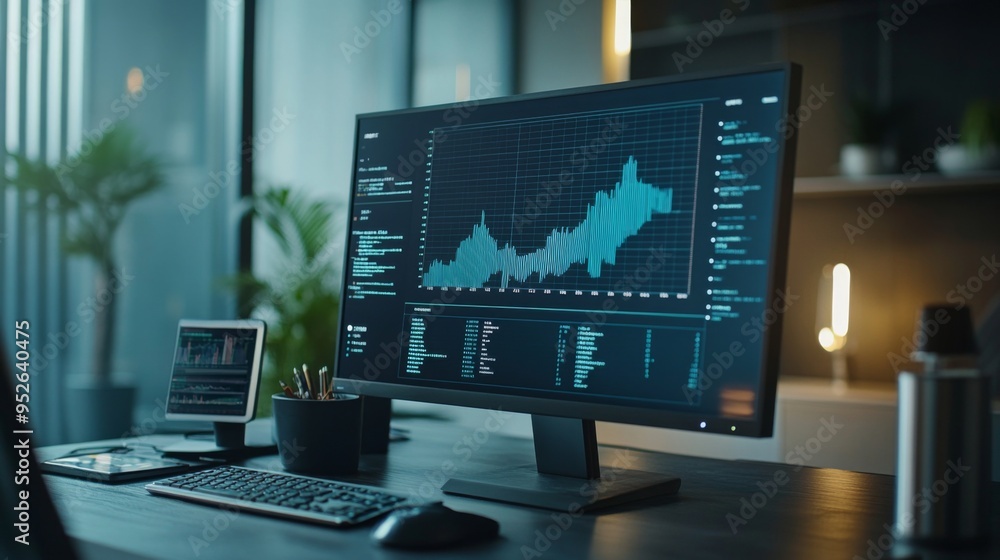 Fototapete close-up of a business graph on a computer screen showing upward trends and performance metrics, set