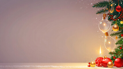 Christmas background design with decorated light bulbs, Christmas tree and empty space for text