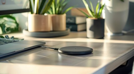 Modern Wireless Charging Pad on Desk Promoting Clean Aesthetic and Cord-Free Organization