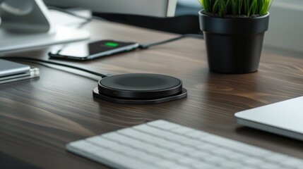 Modern Wireless Charging Pad on Desk Promoting Clean and Organized Workspace