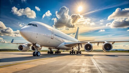 Obraz premium A large, white cargo airplane with Pratt & Whitney engines sits on a sunny airport runway, preparing to transport goods across the globe.