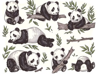 Set of various panda illustration on white. AI generated