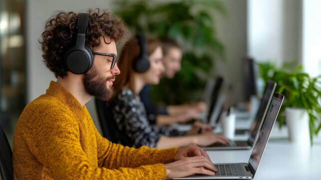Focused Developer with Headphones Working in a Modern Office
