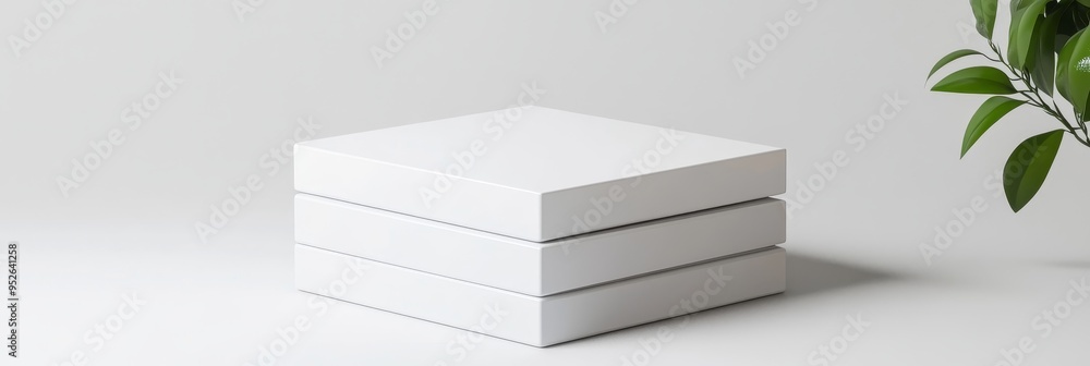 Sticker Three white boxes stacked on a minimalist white background with a green plant in the corner symbolizing simplicity, elegance, product display, clean design and branding.