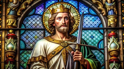 Naklejka premium A majestic statue of a Christian saint, with a serene expression, holding a sword and scripture, set against a stunning stained-glass background.