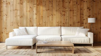 Natural wood coffee table near white corner sofa against wooden paneling wall. Minimalist interior design of modern living room