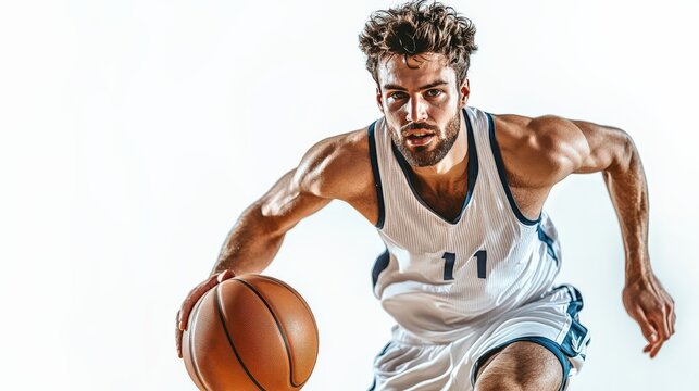 Intense Drive: A determined basketball player charges forward, eyes locked on the basket, in this dynamic sports portrait.  - Powered by Adobe