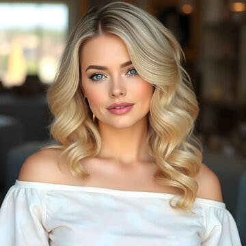 Una rubia que usa una blusa blanca con hombros descubiertos