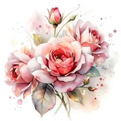 Pink Roses in Watercolor on White background