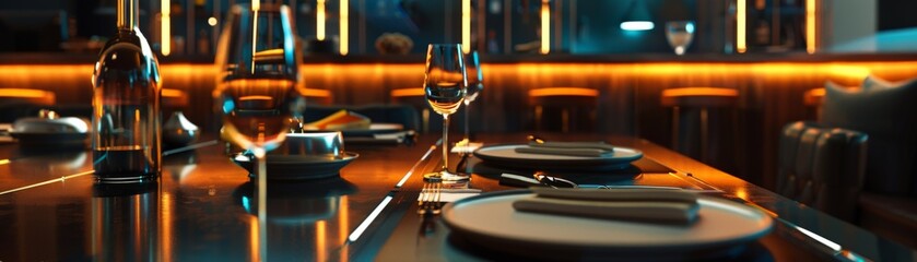 Obraz premium Elegant restaurant interior with luxurious lighting, beautifully set table, and stylish decor for a refined dining experience.