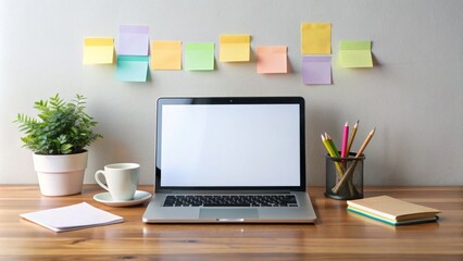 A minimalist workspace with a laptop, notebook, and pens, surrounded by scattered papers and colorful sticky notes, with a blank PNG file on the screen.