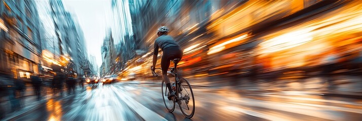Cyclist Riding Through Urban City. Fitness Cycling Scene. Speed Bike Motion Fast Cycle Movement Speeding.