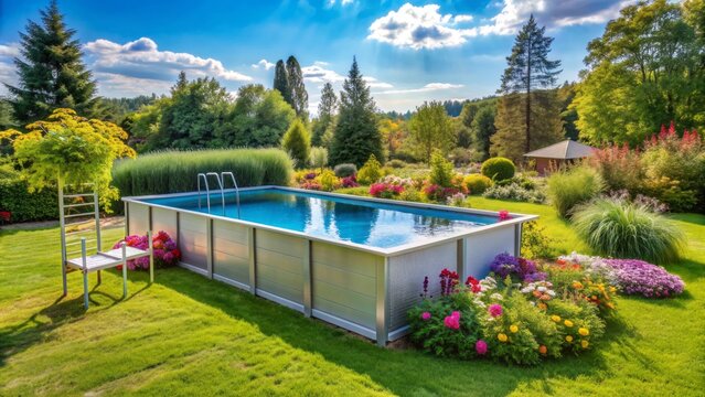 A modern above-ground swimming pool with a sleek silver frame surrounded by lush green grass and colorful summer flowers under a bright blue sky.