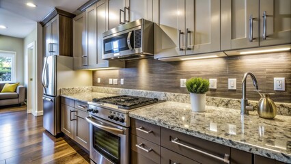 A modern kitchen features a sleek granite countertop with a stainless steel appliance and a convenient electrical outlet situated on the backsplash for easy access.