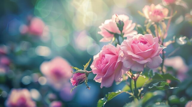 Beautiful pink roses in full bloom with soft sunlight filtering through the garden, creating a serene and tranquil atmosphere.