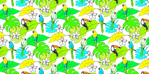 Seamless vector pattern, tops and parrots