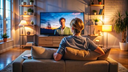 Naklejka premium A person sits on a couch in a cozy living room, intensely gazing at a large screen television displaying a captivating program or movie.