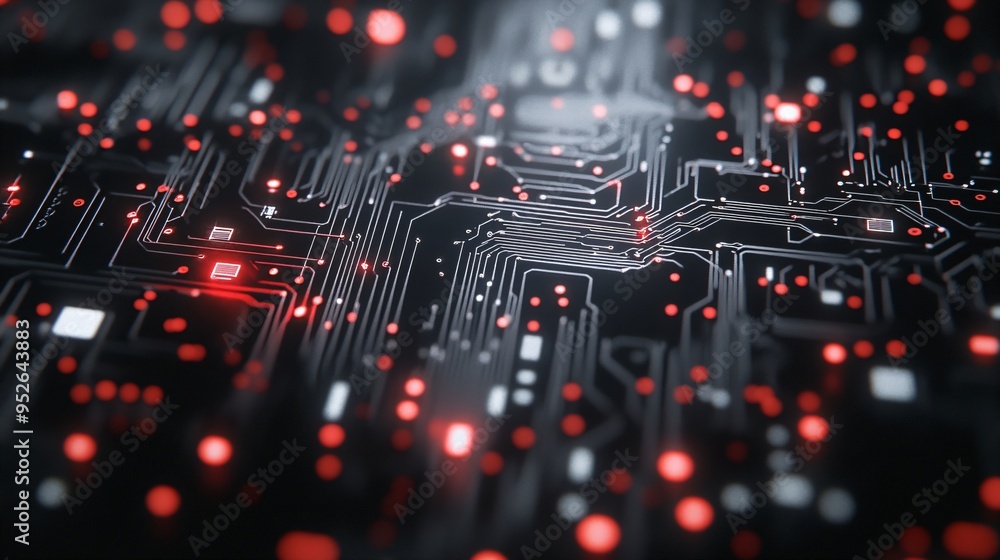 Poster circuit board with glowing red connections. electronic network visualization. digital infrastructure