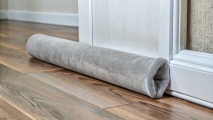 A plush, velvety door draft stopper in a soft gray hue with a subtle sheen, gently blocking cold air from entering a cozy living space.
