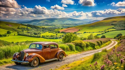 Fototapeta premium A rusty vintage car parked on a winding rural road surrounded by lush green hills and wildflowers in the Irish countryside on a sunny day.