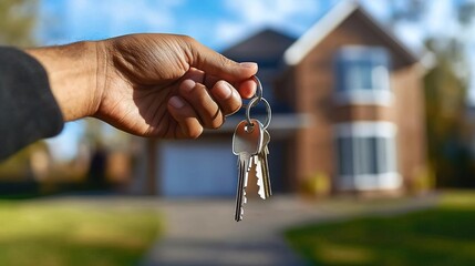 A hand holding house keys in front of a beautiful home, symbolizing new beginnings and homeownership.