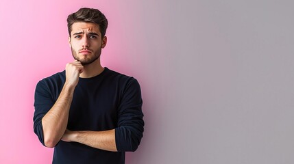 Obraz premium Thoughtful young man poses against a pink and gray background, showcasing a moment of reflection and contemplation.