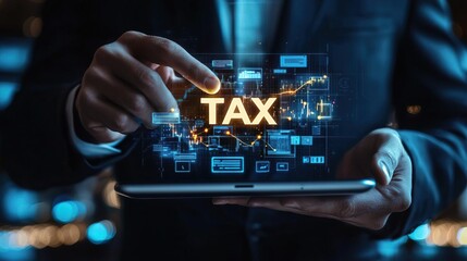 A professional analyzing tax data on a tablet with holographic graphics in a modern business setting.