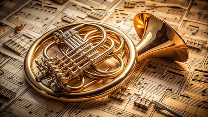 Naklejka premium A shiny brass French horn lies on a sheet of music, surrounded by scribbled notes and musical symbols, evoking a sense of creative expression.
