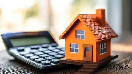 A miniature house model beside a calculator, symbolizing home buying, mortgage calculations, and financial planning.