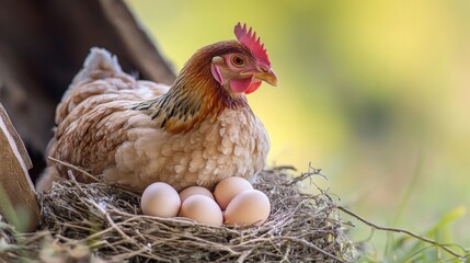 Close-up of a mother hen sitting on her nest, with a few eggs visible underneath her, set against a simple, natural background