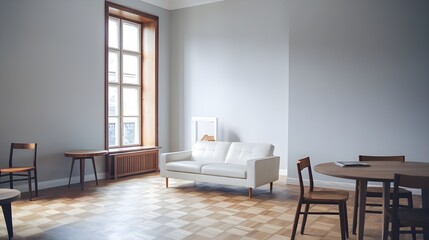 Fototapeta premium A minimalist, Scandinavian home interior design of a modern living room. A white sofa on wooden parquet. The room has a few other pieces of furniture, including a round wooden table and a few chairs.