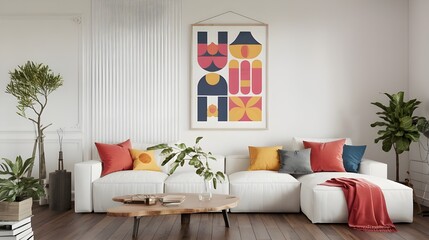 A Scandinavian interior design of a modern living room with a white sofa and colorful vibrant pillows. There is a wall with a large art poster frame.