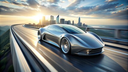 Naklejka premium A sleek, silver bullet-shaped car zooms down a futuristic highway, its aerodynamic design slicing through the air with minimal drag and maximum speed.
