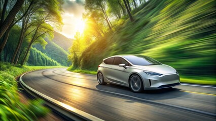 Naklejka premium A sleek, silver electric vehicle speeds down a winding road, surrounded by lush greenery, with a blurred motion effect conveying a sense of eco-friendly freedom.