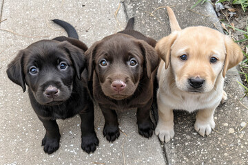 three puppies are sitting on the sidewalk - Powered by Adobe