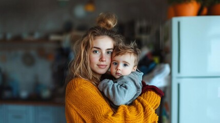 A mother lovingly holds her baby in a cozy, warmly lit kitchen, capturing a moment of tenderness and care.