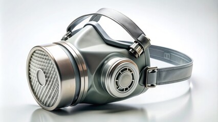 A sleek, silver respirator mask with adjustable straps and exhalation valve lies on a clean, white surface, ready for use in a medical or industrial setting.