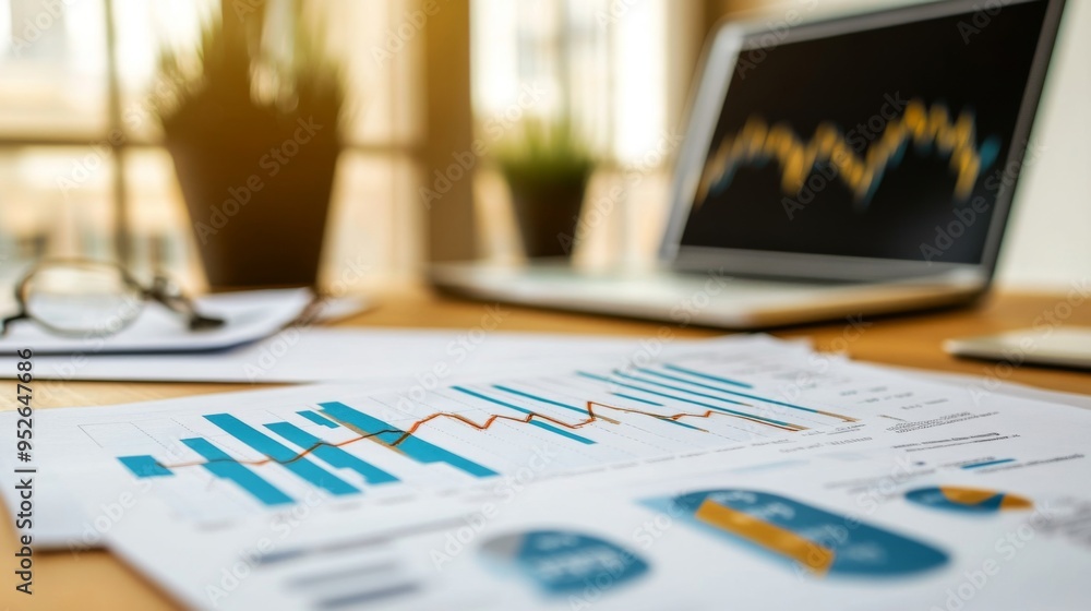 Poster Close-up of a printed gold price graph with highlighted data points and trend lines, set on a desk with financial documents and a laptop