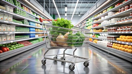 A sleek silver shopping cart filled with assorted fresh produce, dairy products, and packaged goods stands empty in a modern supermarket aisle.