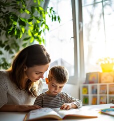 Obraz premium A mother and son share a heartwarming moment while reading together by a sunlit window.