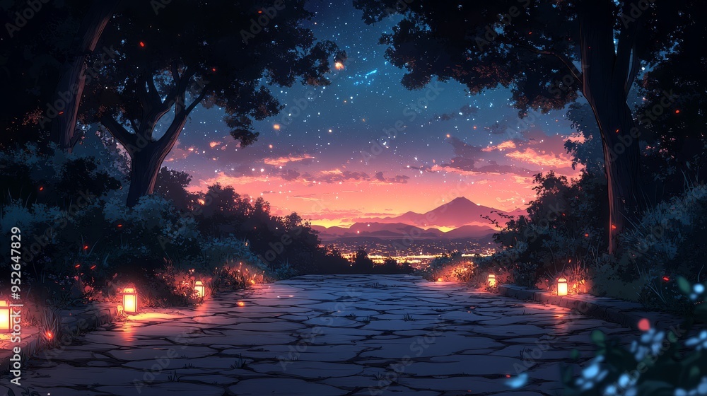 Poster as twilight descends a cobblestone path winds through lush greenery glowing lanterns casting warm re