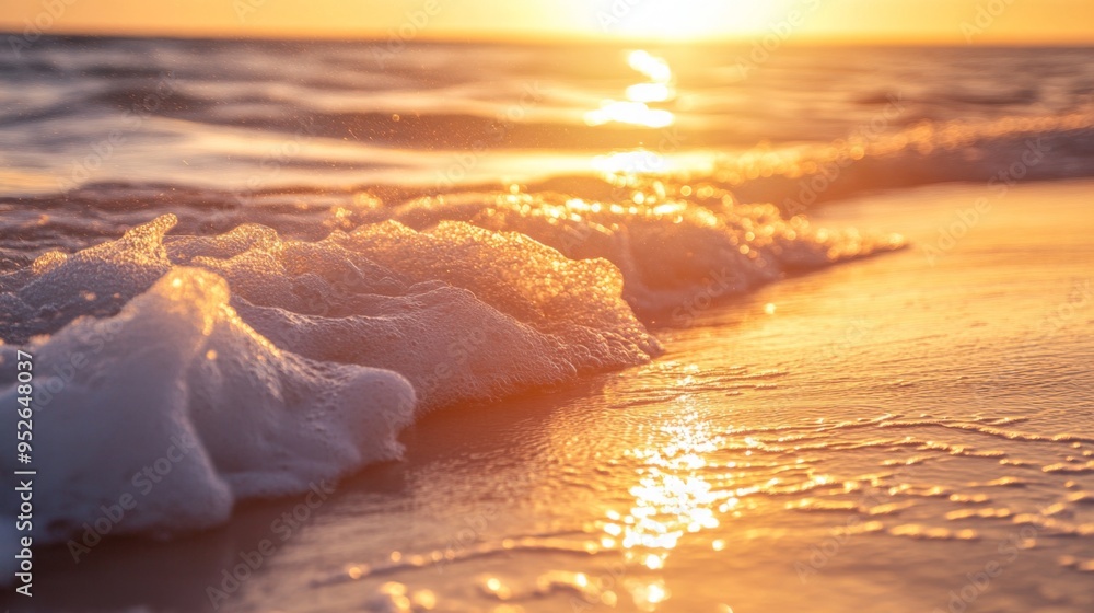Poster close-up of a serene beach scene at sunset, with gentle waves lapping against the shore and the sun 