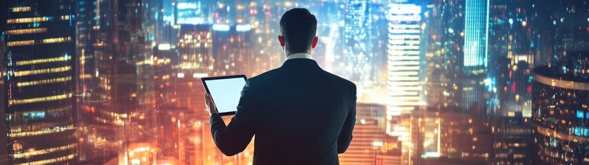 Fototapeta premium Back view of a businessman using a laptop against a backdrop of nighttime cityscape with illuminated high-rise buildings. He embodies modern work in an urban setting.