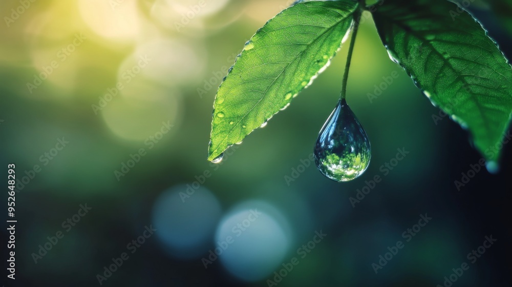 Aufkleber close-up of a single water droplet hanging from a green leaf, with the droplet reflecting the surrou