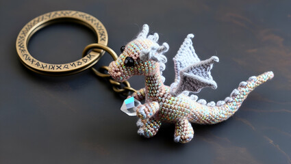 The dragon's wings are detailed with silver thread, and it clutches a tiny crystal in its claws. 